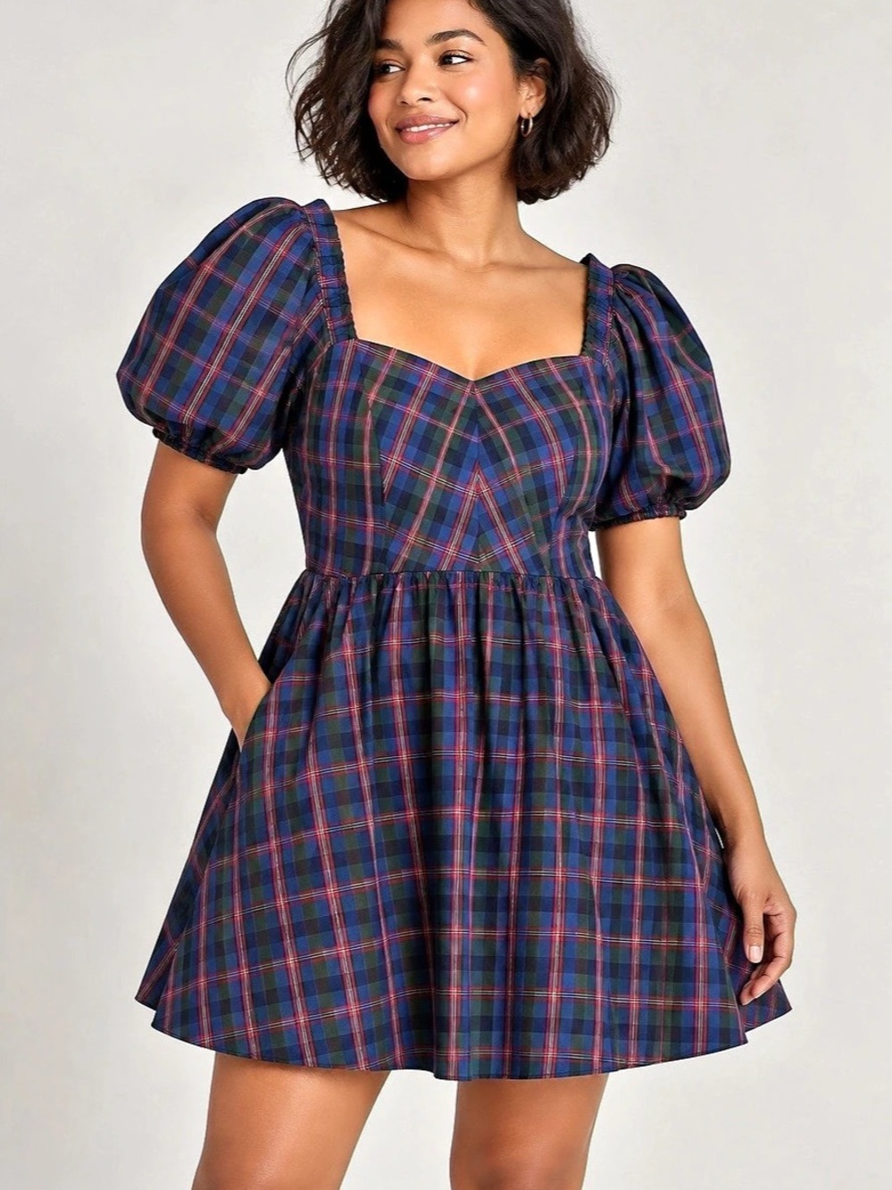 Old Navy Blue Plaid Puff Sleeve Fit & Flare Party Dress Size L